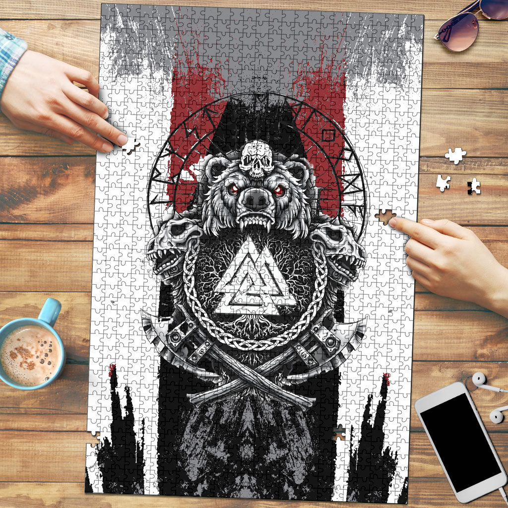 Viking Berserker Bear Valknut Vegvisir Puzzle Nordic Runic Warrior Engraving Style