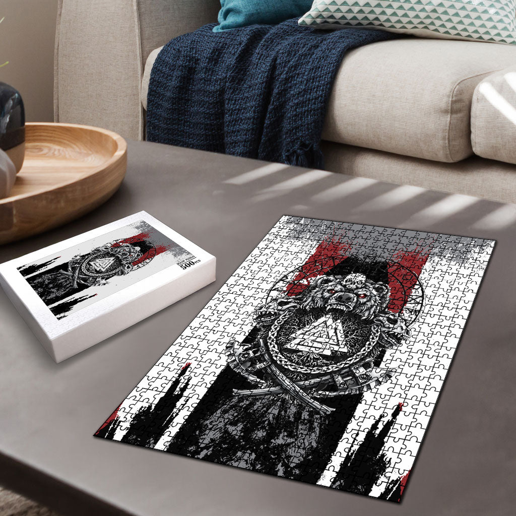 Viking Berserker Bear Valknut Vegvisir Puzzle Nordic Runic Warrior Engraving Style