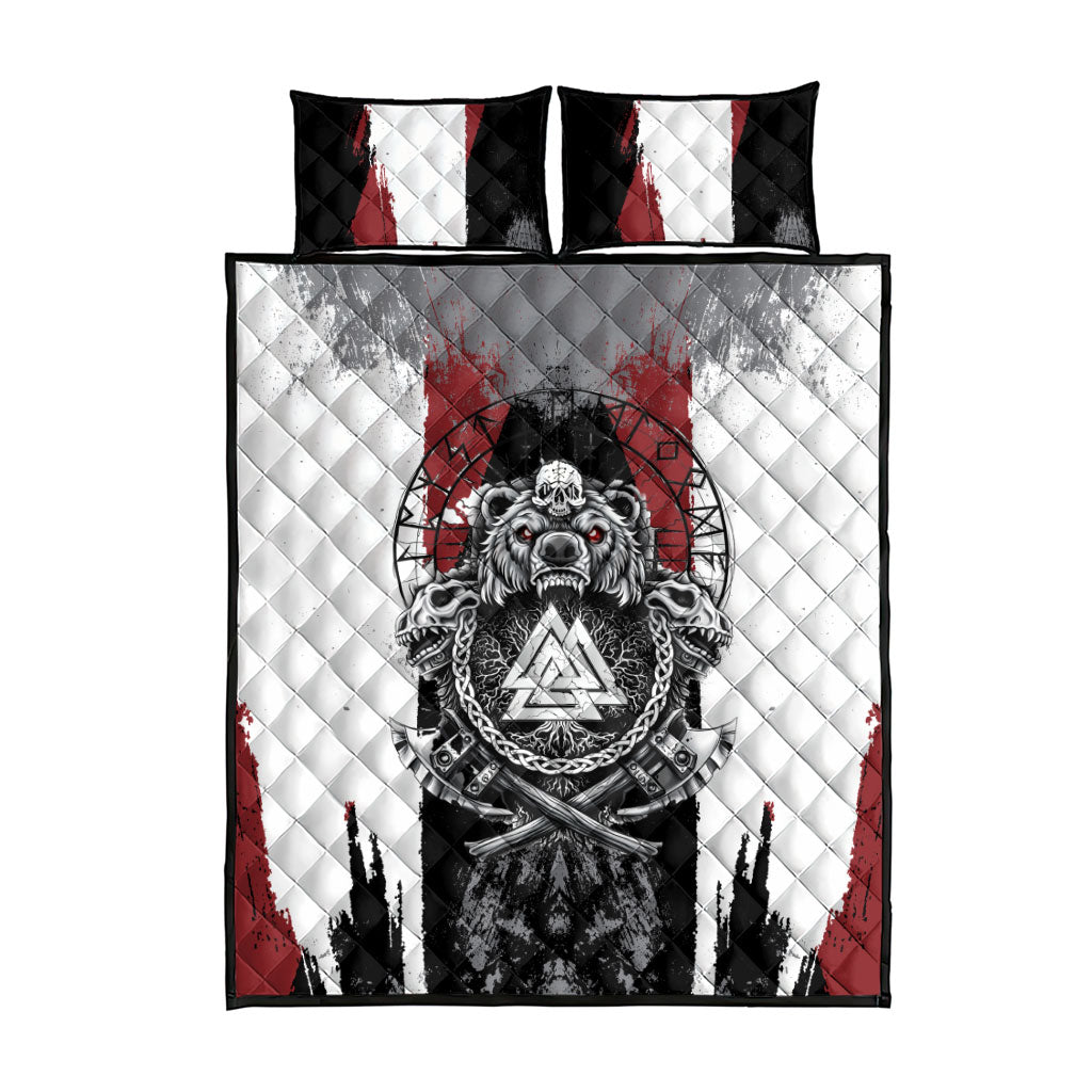 Viking Berserker Bear Valknut Vegvisir Quilt Bed Set Nordic Runic Warrior Engraving Style