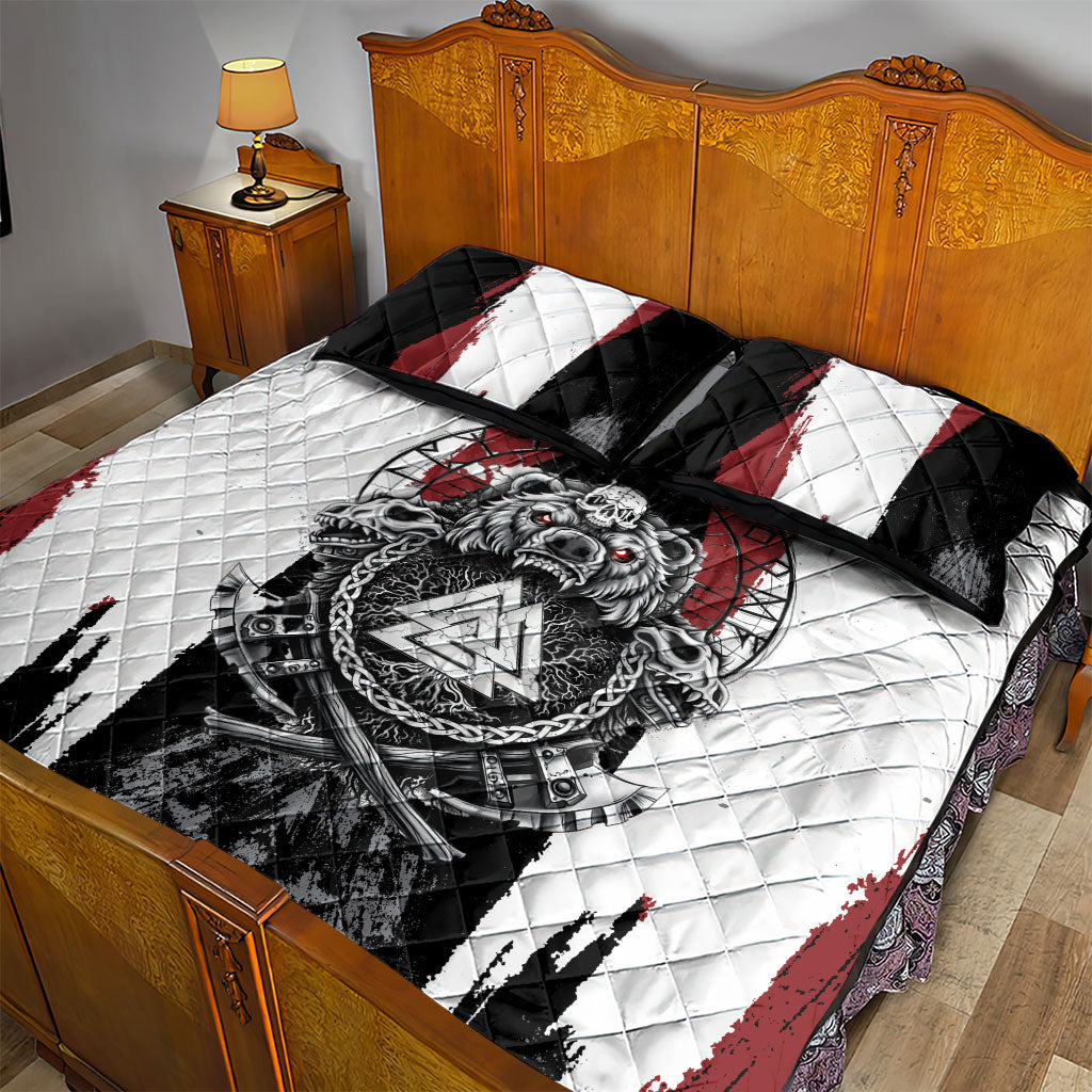 Viking Berserker Bear Valknut Vegvisir Quilt Bed Set Nordic Runic Warrior Engraving Style