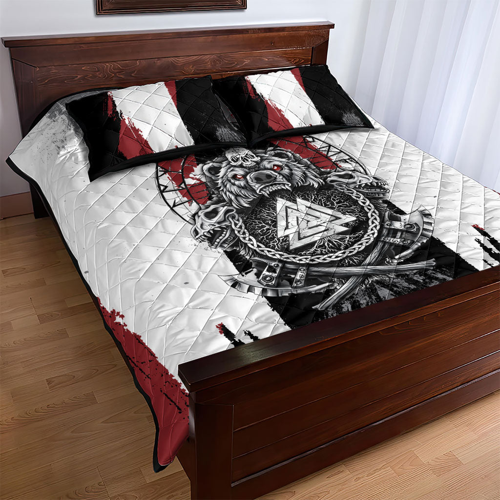 Viking Berserker Bear Valknut Vegvisir Quilt Bed Set Nordic Runic Warrior Engraving Style