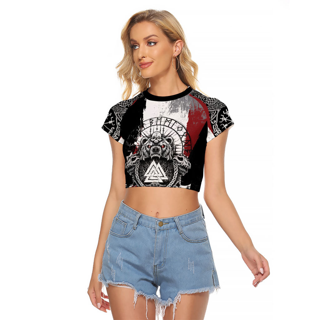 Viking Berserker Bear Valknut Vegvisir Raglan Cropped T Shirt Nordic Runic Warrior Engraving Style