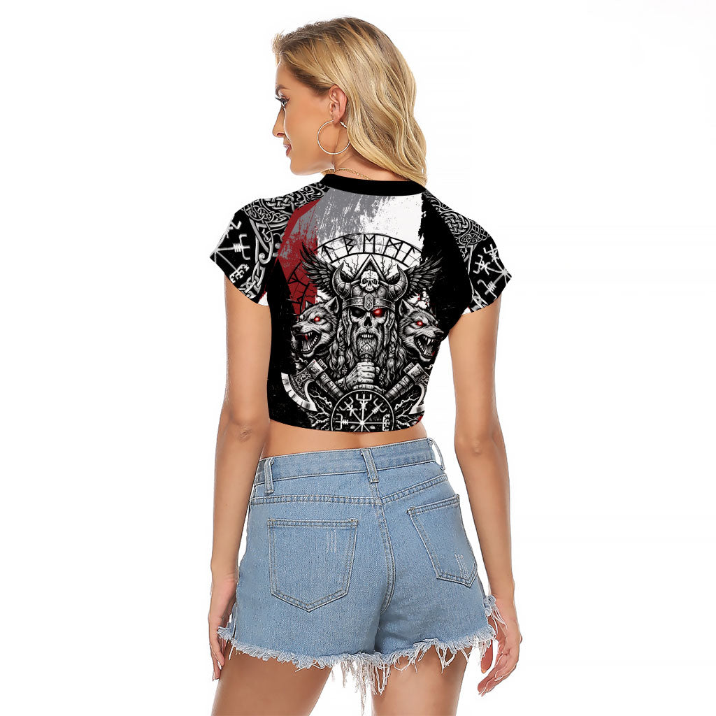 Viking Berserker Bear Valknut Vegvisir Raglan Cropped T Shirt Nordic Runic Warrior Engraving Style