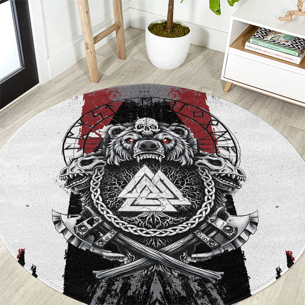 Viking Berserker Bear Valknut Vegvisir Round Carpet Nordic Runic Warrior Engraving Style