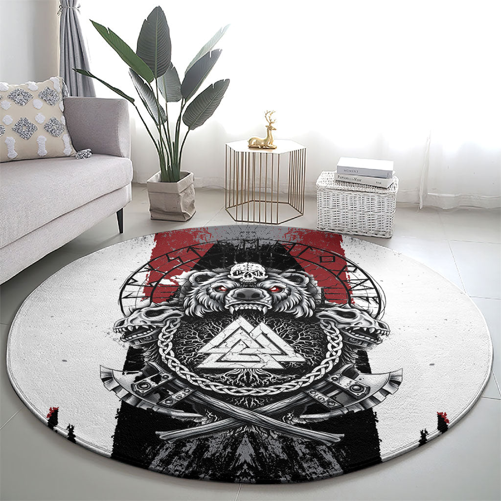 Viking Berserker Bear Valknut Vegvisir Round Carpet Nordic Runic Warrior Engraving Style