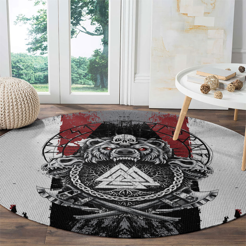 Viking Berserker Bear Valknut Vegvisir Round Carpet Nordic Runic Warrior Engraving Style