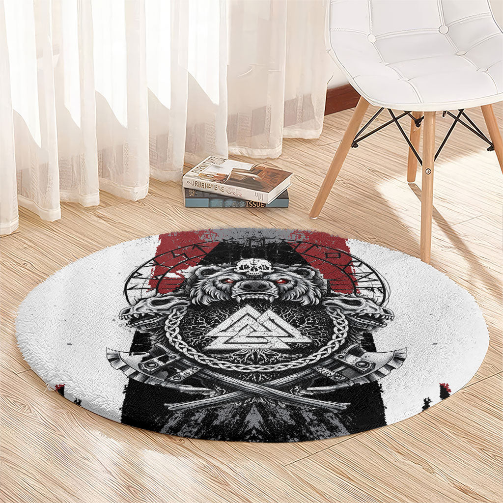 Viking Berserker Bear Valknut Vegvisir Round Carpet Nordic Runic Warrior Engraving Style
