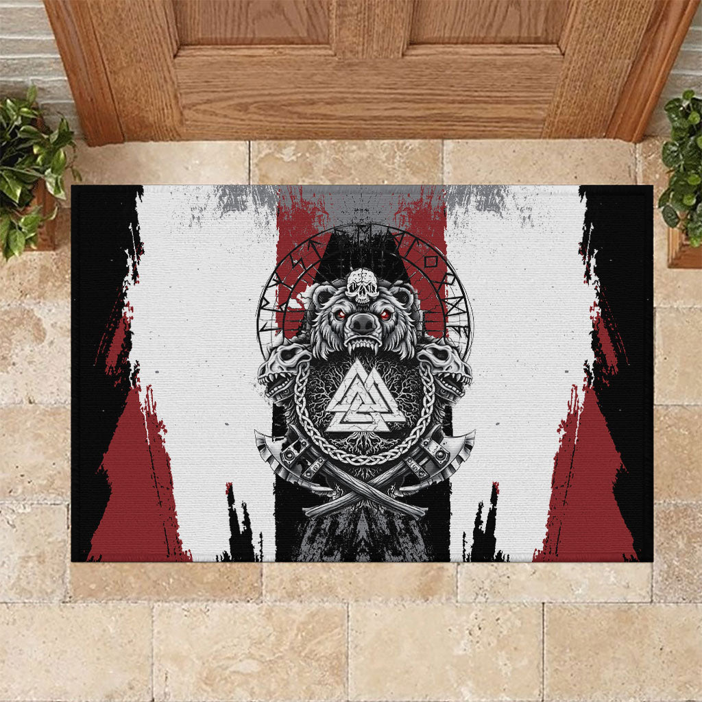 Viking Berserker Bear Valknut Vegvisir Rubber Doormat Nordic Runic Warrior Engraving Style