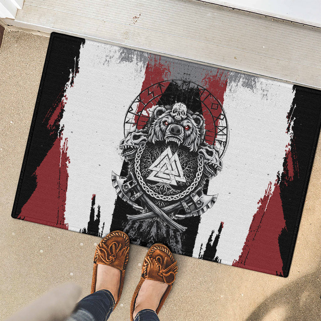 Viking Berserker Bear Valknut Vegvisir Rubber Doormat Nordic Runic Warrior Engraving Style