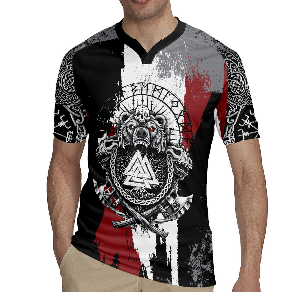 Viking Berserker Bear Valknut Vegvisir Rugby Jersey Nordic Runic Warrior Engraving Style