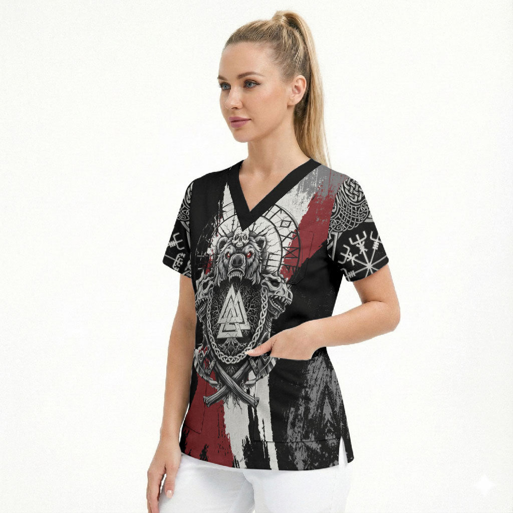 Viking Berserker Bear Valknut Vegvisir Scrub Top Nordic Runic Warrior Engraving Style