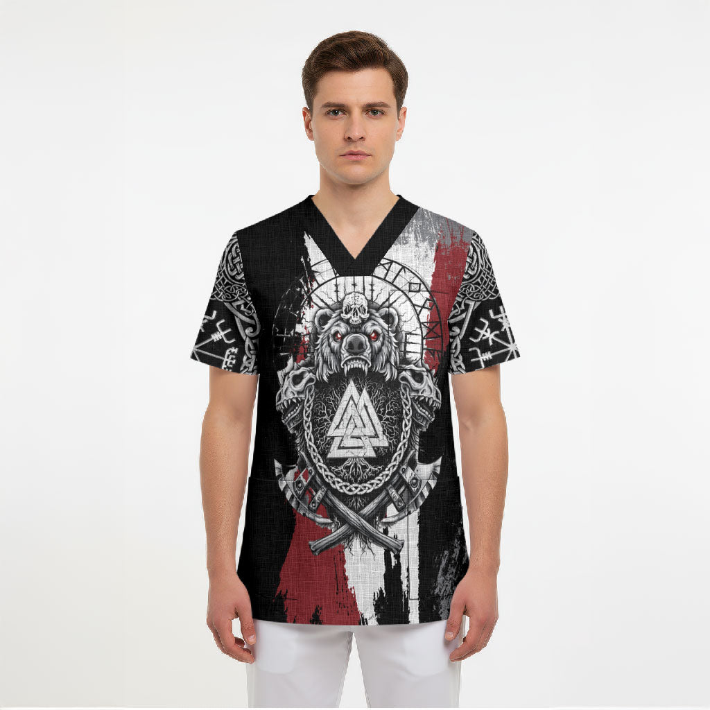 Viking Berserker Bear Valknut Vegvisir Scrub Top Nordic Runic Warrior Engraving Style