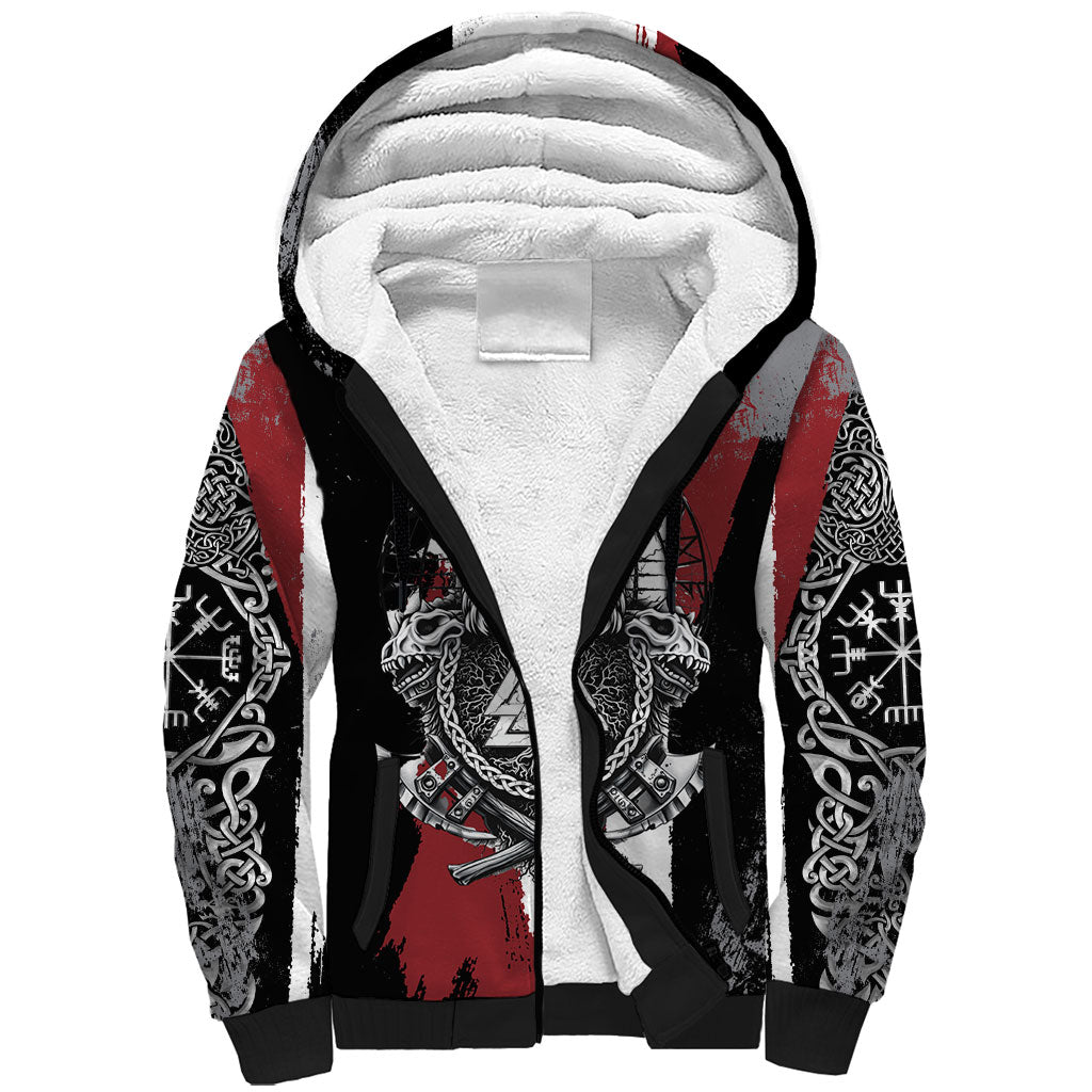 Viking Berserker Bear Valknut Vegvisir Sherpa Hoodie Nordic Runic Warrior Engraving Style