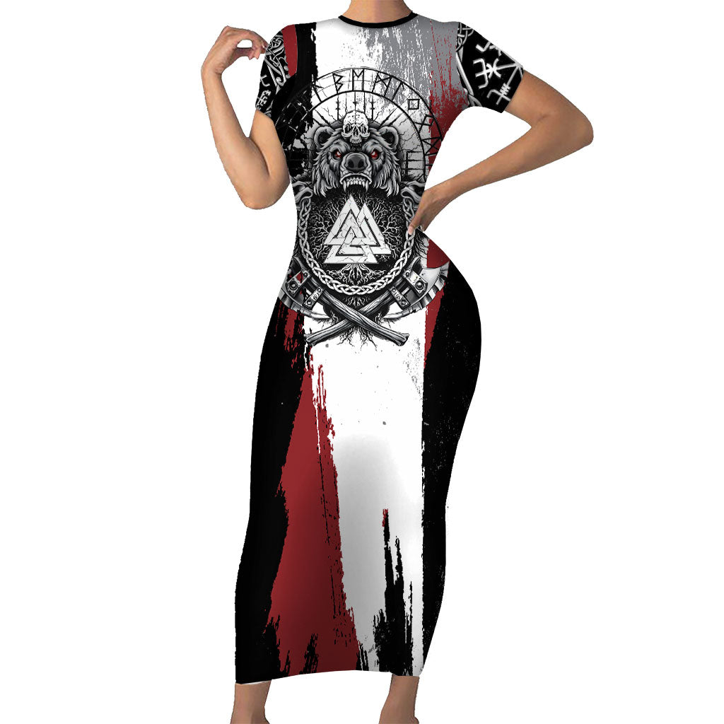 Viking Berserker Bear Valknut Vegvisir Short Sleeve Bodycon Dress Nordic Runic Warrior Engraving Style