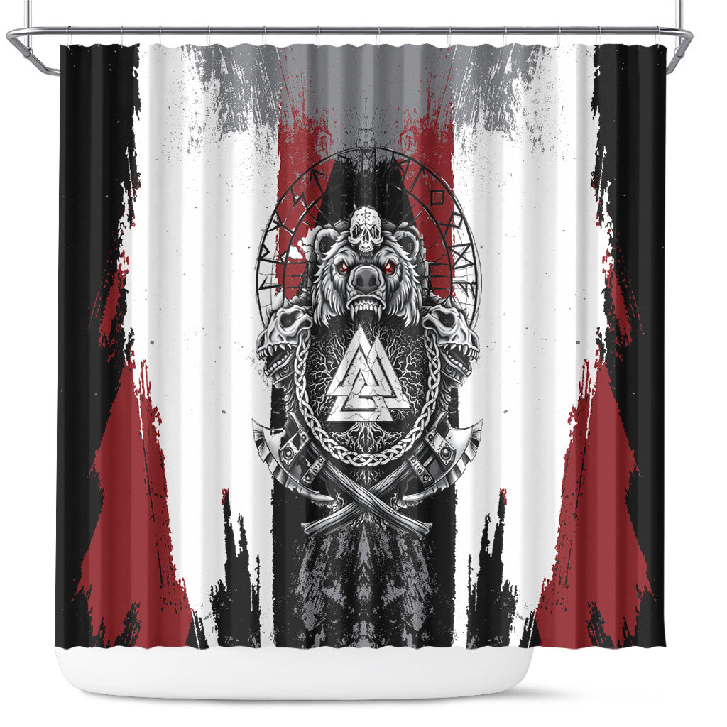 Viking Berserker Bear Valknut Vegvisir Shower Curtain Nordic Runic Warrior Engraving Style