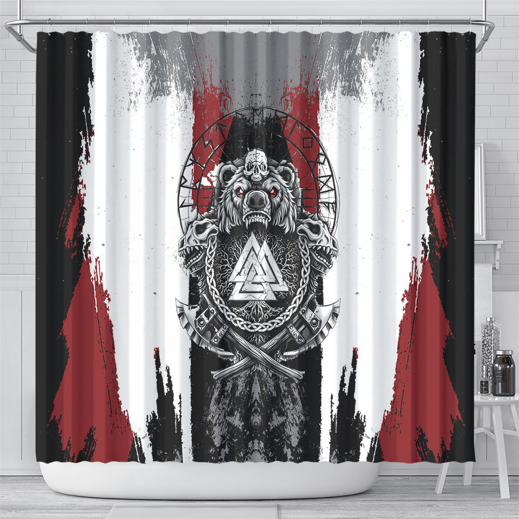 Viking Berserker Bear Valknut Vegvisir Shower Curtain Nordic Runic Warrior Engraving Style