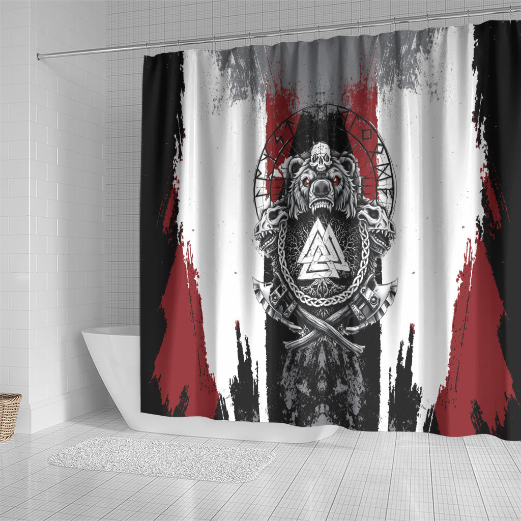 Viking Berserker Bear Valknut Vegvisir Shower Curtain Nordic Runic Warrior Engraving Style