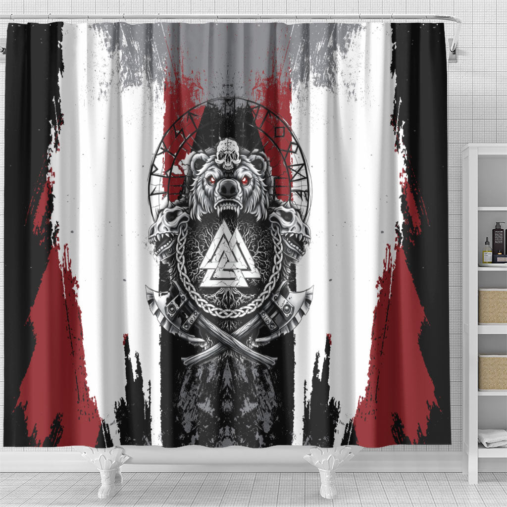 Viking Berserker Bear Valknut Vegvisir Shower Curtain Nordic Runic Warrior Engraving Style