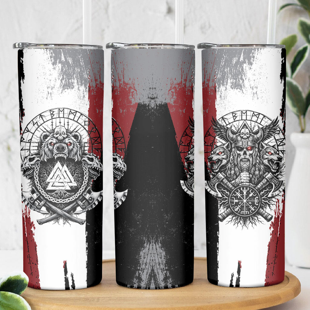 Viking Berserker Bear Valknut Vegvisir Skinny Tumbler Nordic Runic Warrior Engraving Style