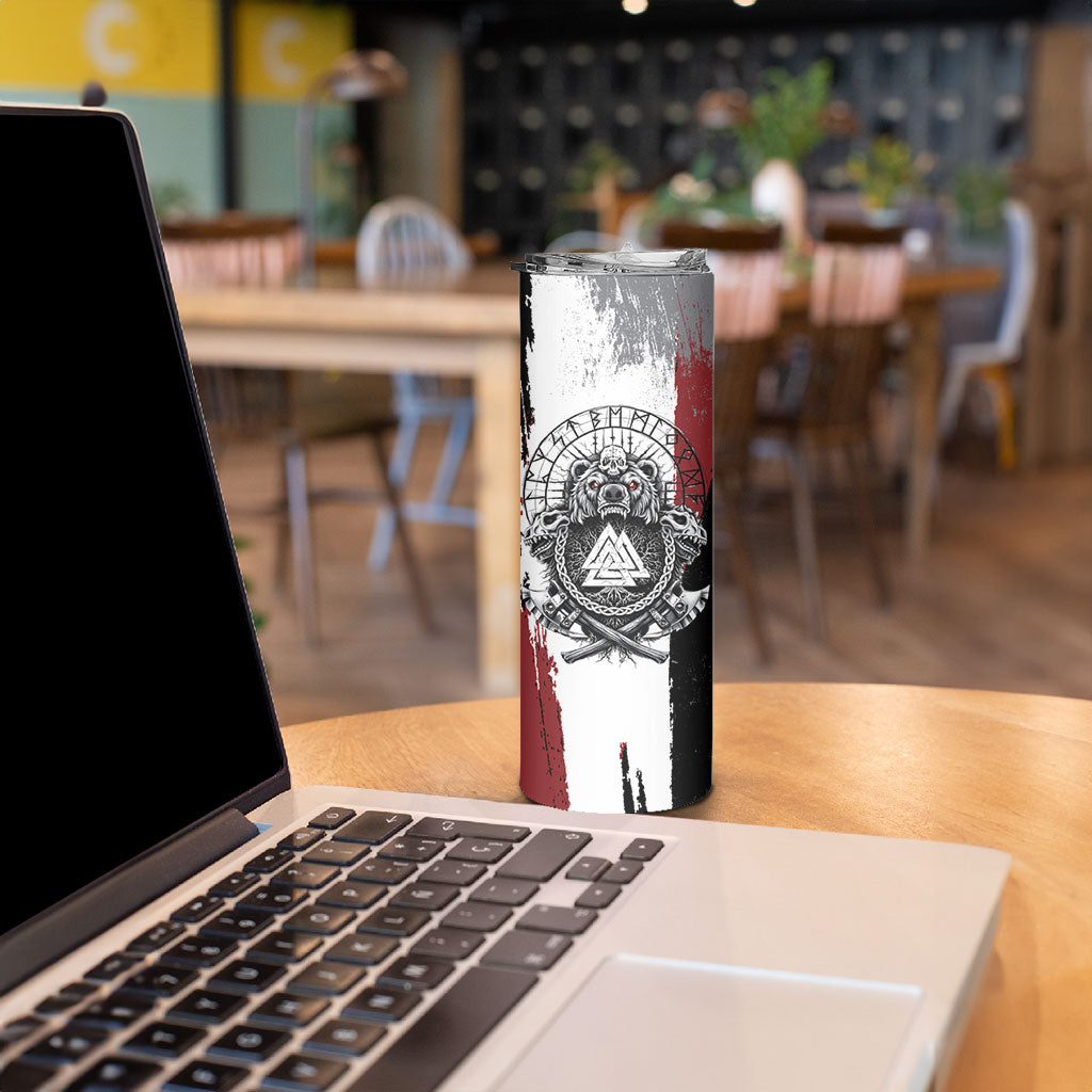 Viking Berserker Bear Valknut Vegvisir Skinny Tumbler Nordic Runic Warrior Engraving Style