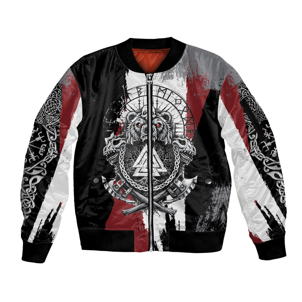 Viking Berserker Bear Valknut Vegvisir Sleeve Zip Bomber Jacket Nordic Runic Warrior Engraving Style