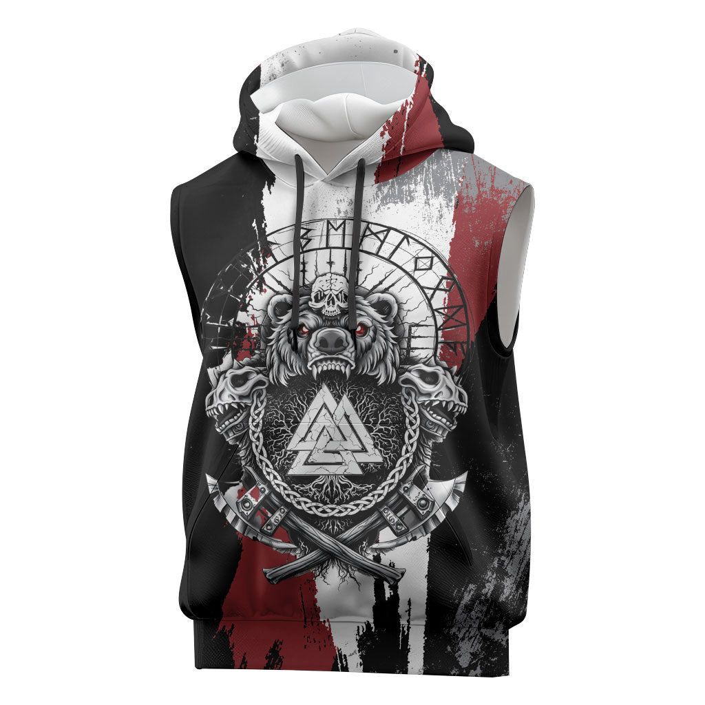 Viking Berserker Bear Valknut Vegvisir Sleeveless Hoodie Nordic Runic Warrior Engraving Style