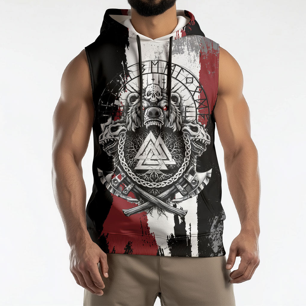 Viking Berserker Bear Valknut Vegvisir Sleeveless Hoodie Nordic Runic Warrior Engraving Style