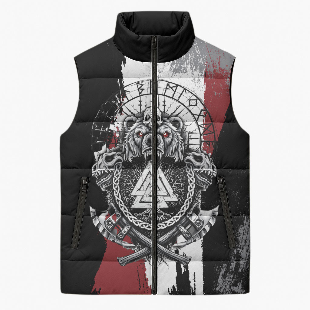 Viking Berserker Bear Valknut Vegvisir Sleeveless Puffer Jacket Nordic Runic Warrior Engraving Style