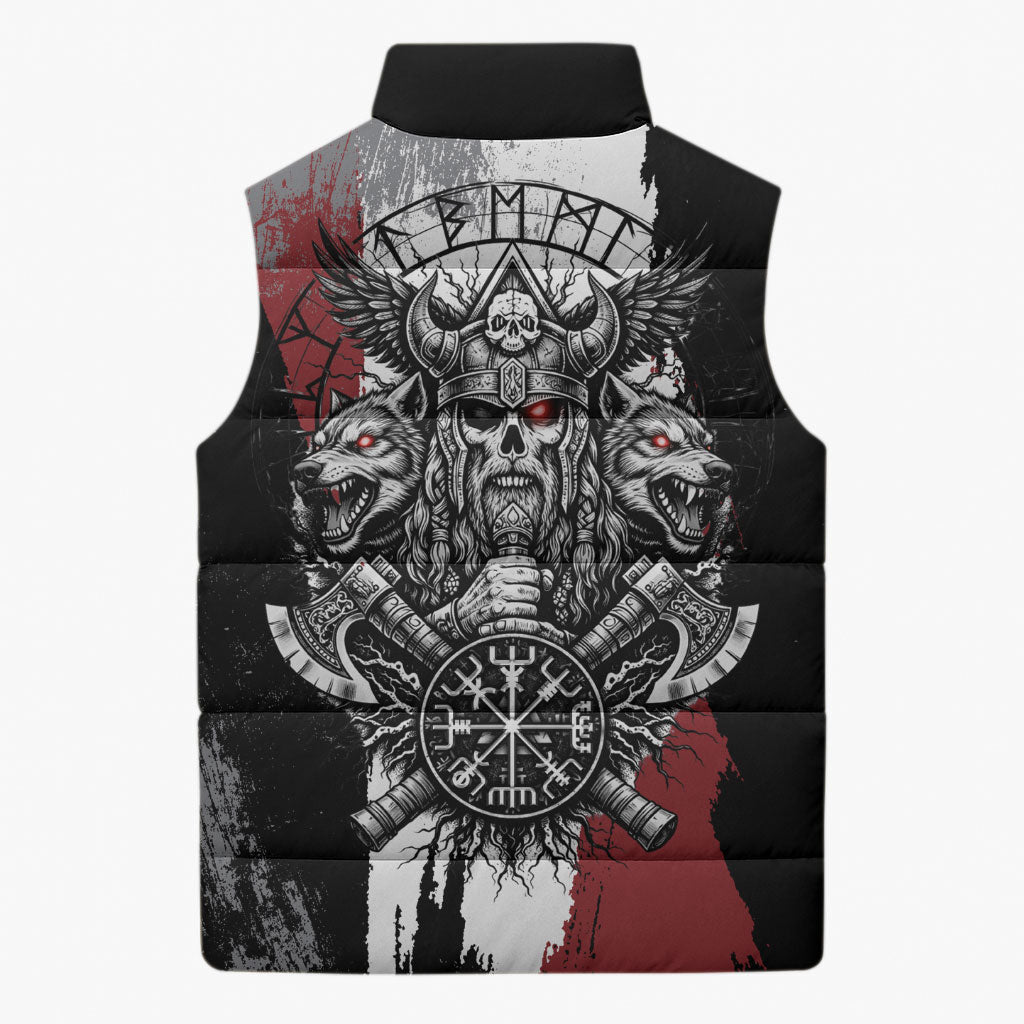Viking Berserker Bear Valknut Vegvisir Sleeveless Puffer Jacket Nordic Runic Warrior Engraving Style