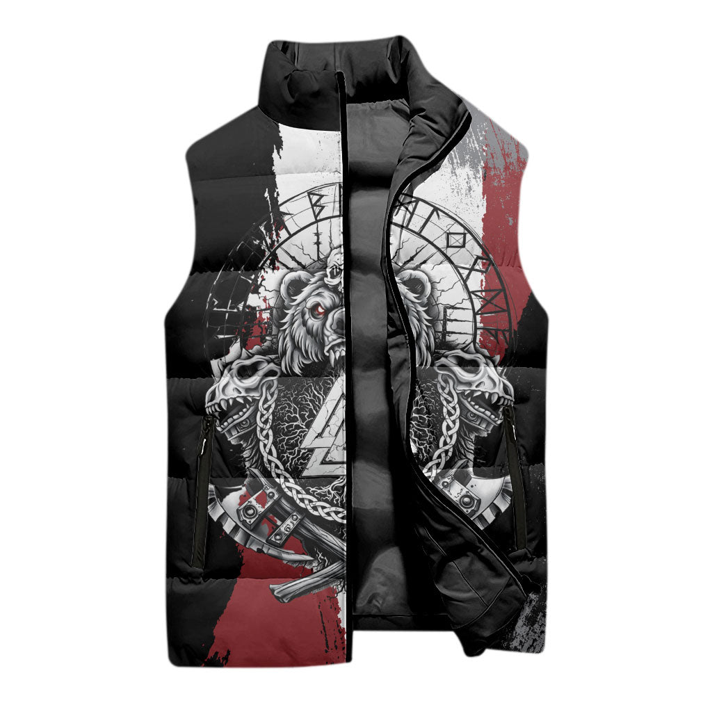 Viking Berserker Bear Valknut Vegvisir Sleeveless Puffer Jacket Nordic Runic Warrior Engraving Style