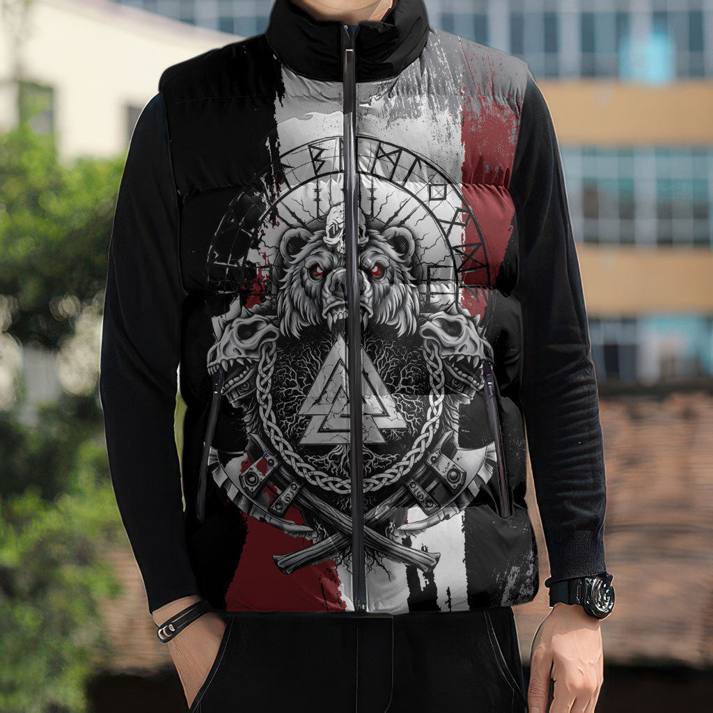 Viking Berserker Bear Valknut Vegvisir Sleeveless Puffer Jacket Nordic Runic Warrior Engraving Style