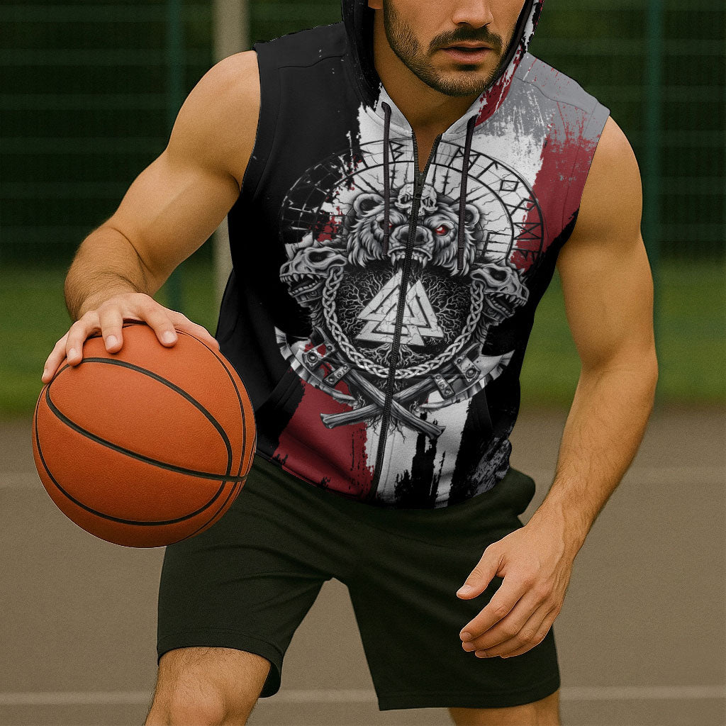 Viking Berserker Bear Valknut Vegvisir Sleeveless Zip Hoodie Nordic Runic Warrior Engraving Style