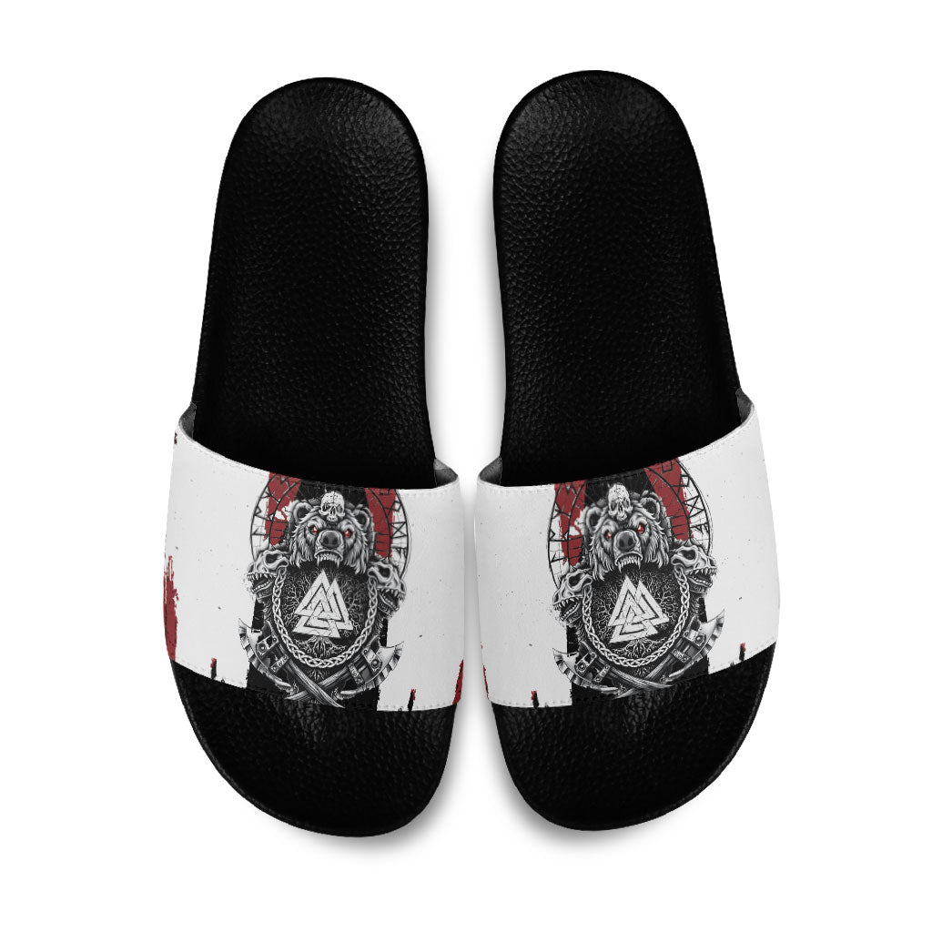 Viking Berserker Bear Valknut Vegvisir Slide Sandals Nordic Runic Warrior Engraving Style