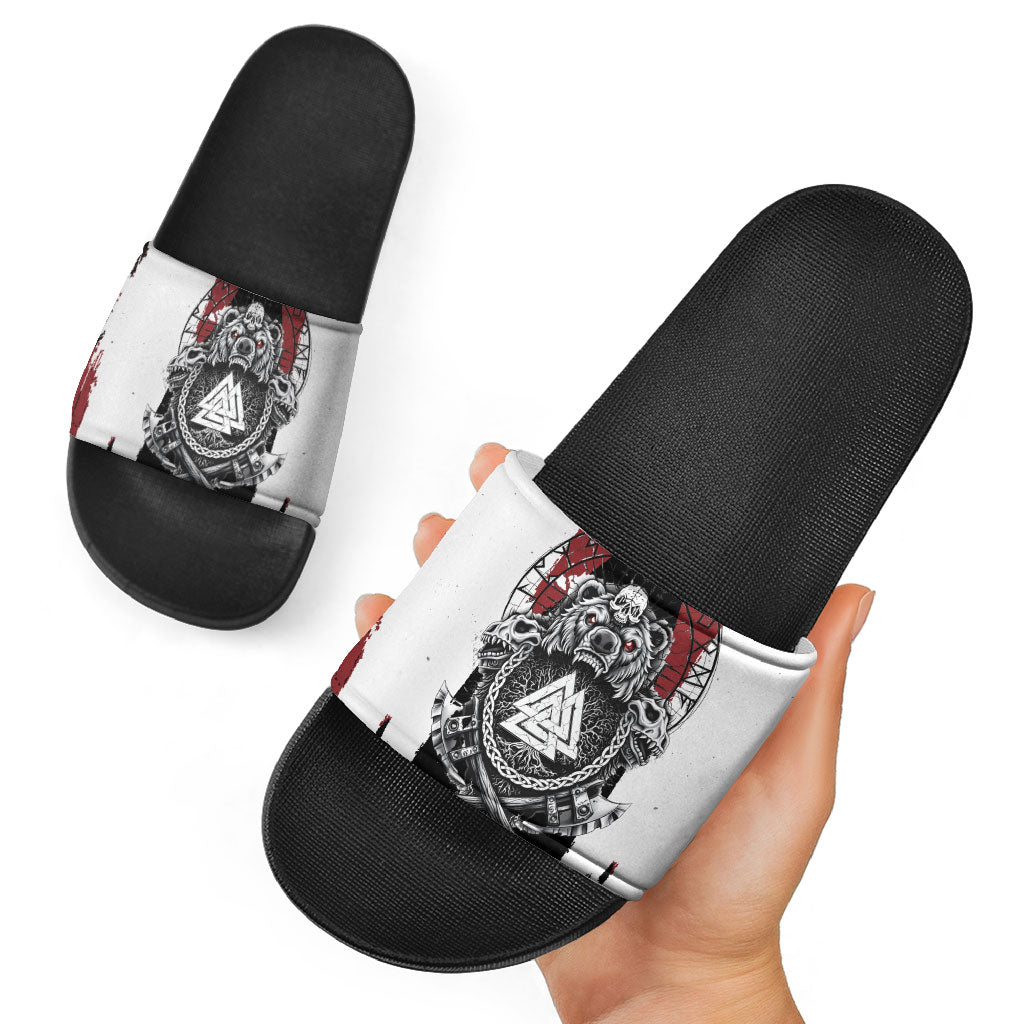 Viking Berserker Bear Valknut Vegvisir Slide Sandals Nordic Runic Warrior Engraving Style