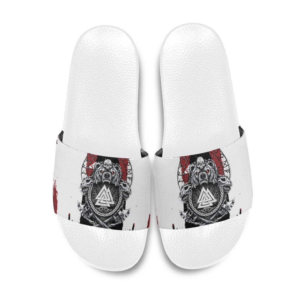 Viking Berserker Bear Valknut Vegvisir Slide Sandals Nordic Runic Warrior Engraving Style