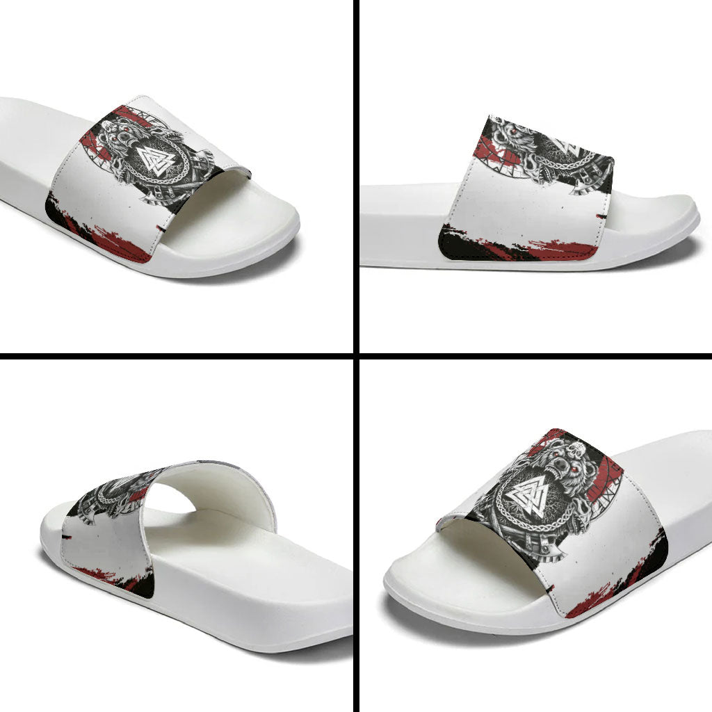 Viking Berserker Bear Valknut Vegvisir Slide Sandals Nordic Runic Warrior Engraving Style