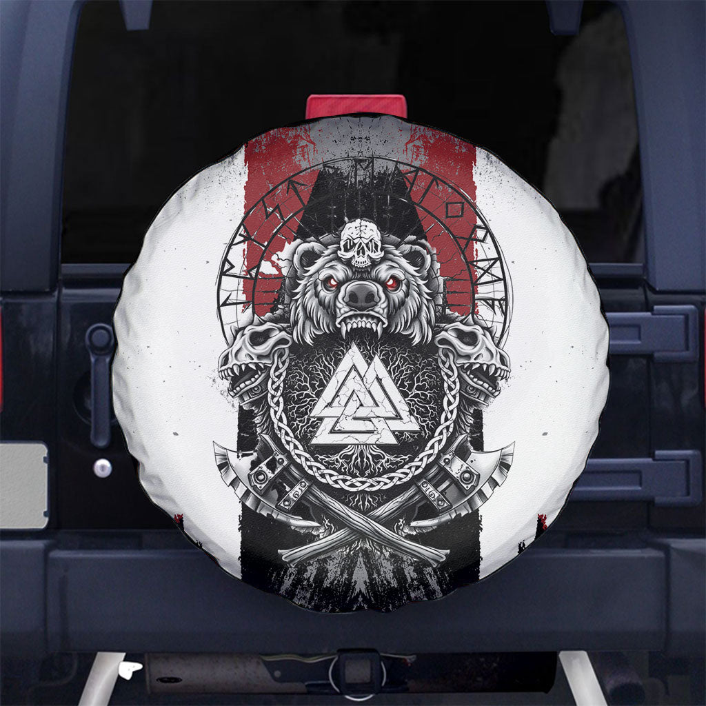 Viking Berserker Bear Valknut Vegvisir Spare Tire Cover Nordic Runic Warrior Engraving Style