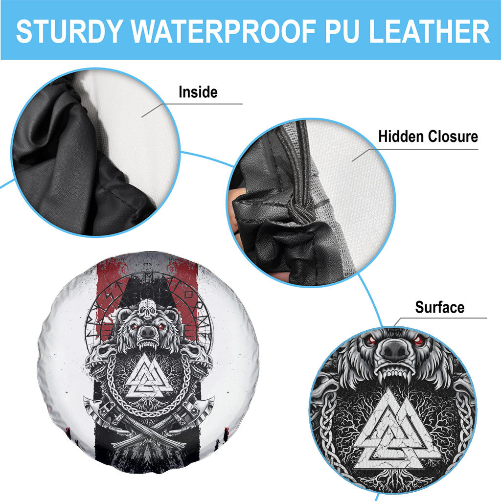 Viking Berserker Bear Valknut Vegvisir Spare Tire Cover Nordic Runic Warrior Engraving Style
