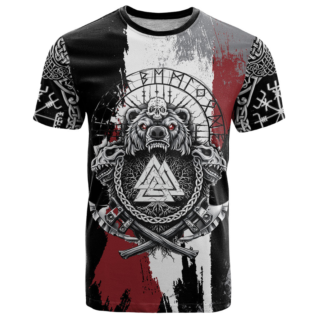 Viking Berserker Bear Valknut Vegvisir T Shirt Nordic Runic Warrior Engraving Style