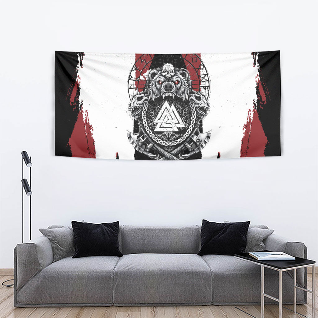 Viking Berserker Bear Valknut Vegvisir Tapestry Nordic Runic Warrior Engraving Style