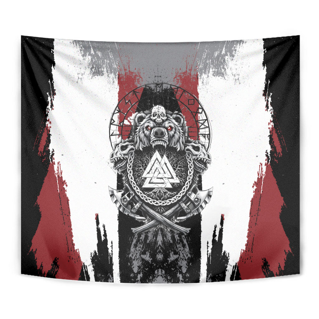 Viking Berserker Bear Valknut Vegvisir Tapestry Nordic Runic Warrior Engraving Style