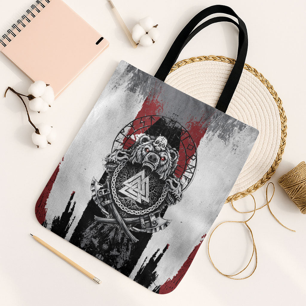 Viking Berserker Bear Valknut Vegvisir Tote Bag Nordic Runic Warrior Engraving Style