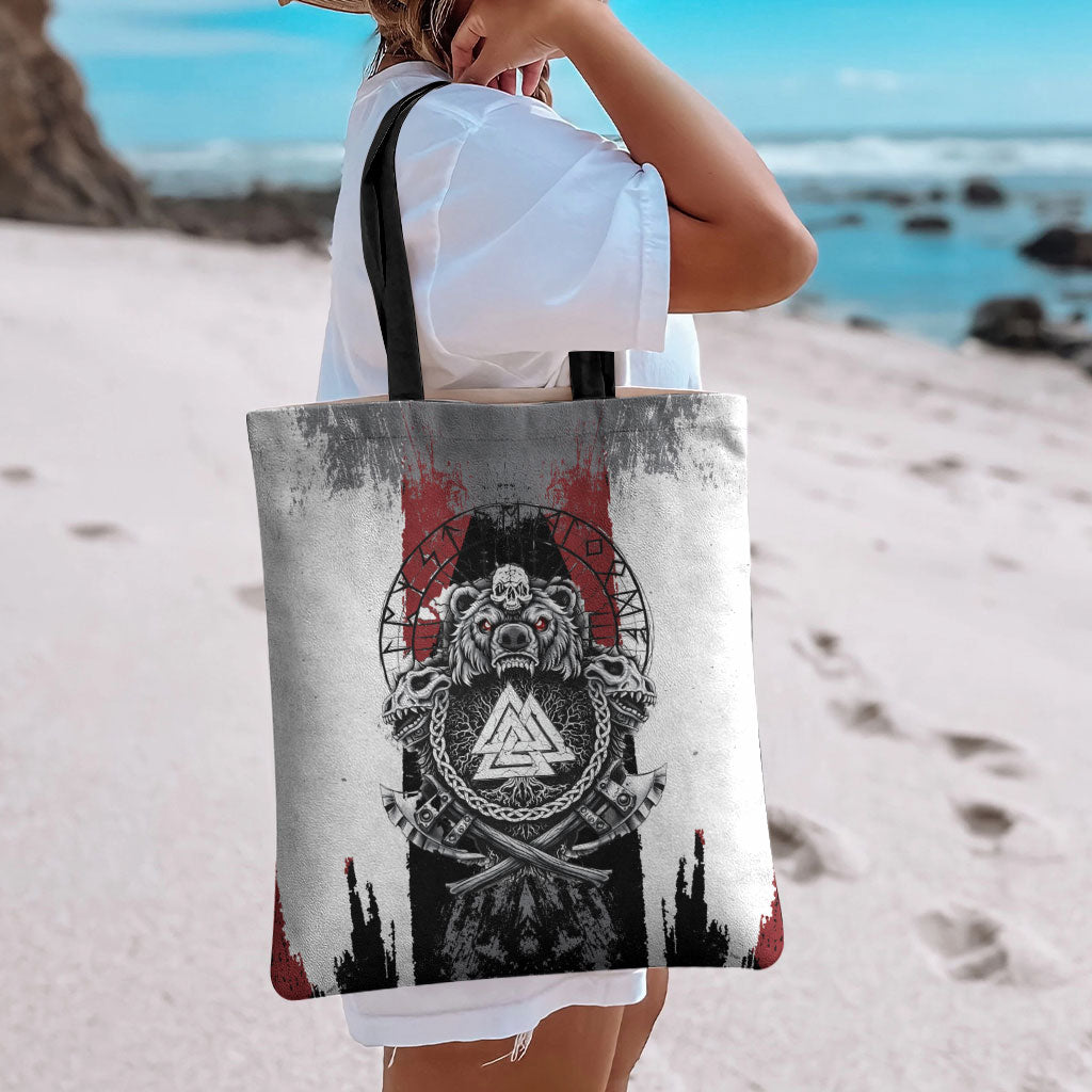 Viking Berserker Bear Valknut Vegvisir Tote Bag Nordic Runic Warrior Engraving Style