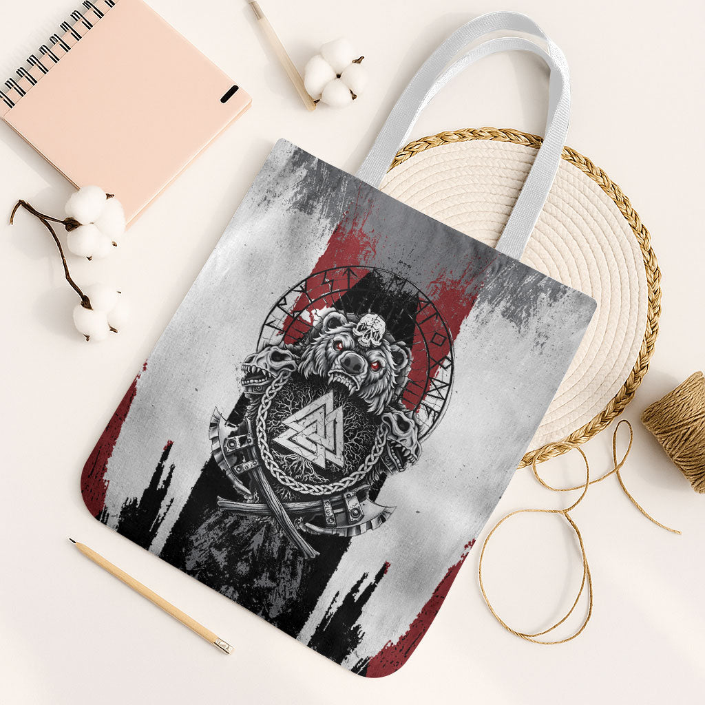 Viking Berserker Bear Valknut Vegvisir Tote Bag Nordic Runic Warrior Engraving Style
