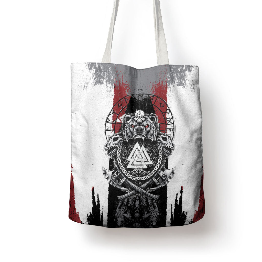 Viking Berserker Bear Valknut Vegvisir Tote Bag Nordic Runic Warrior Engraving Style