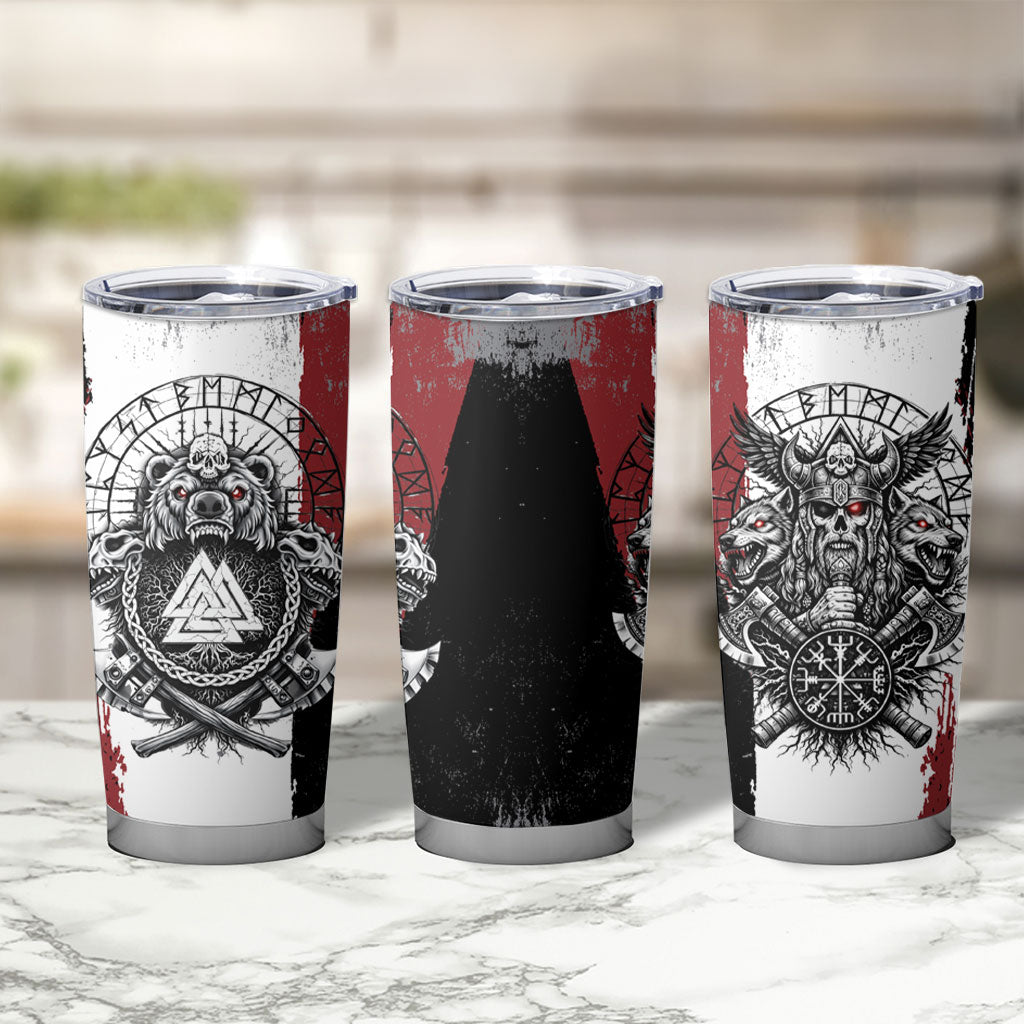 Viking Berserker Bear Valknut Vegvisir Tumbler Cup Nordic Runic Warrior Engraving Style