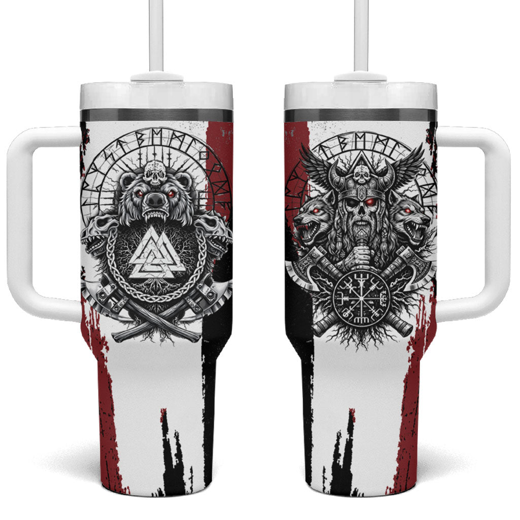 Viking Berserker Bear Valknut Vegvisir Tumbler With Handle Nordic Runic Warrior Engraving Style