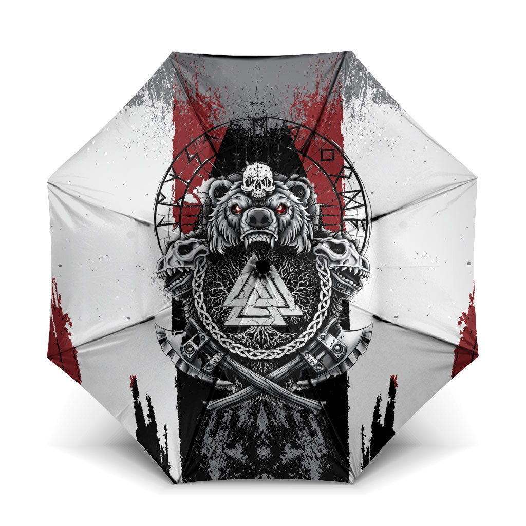 Viking Berserker Bear Valknut Vegvisir Umbrella Nordic Runic Warrior Engraving Style