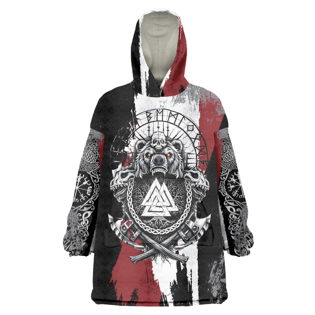Viking Berserker Bear Valknut Vegvisir Wearable Blanket Hoodie Nordic Runic Warrior Engraving Style