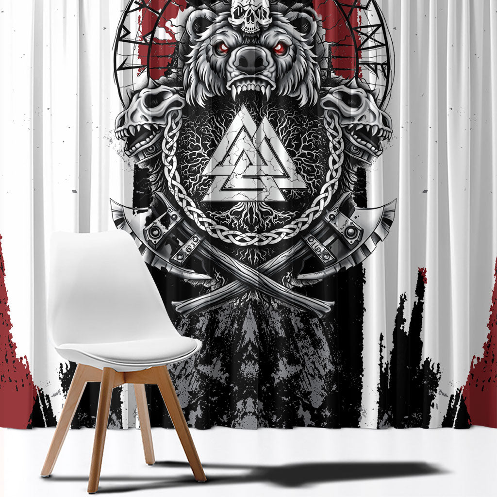 Viking Berserker Bear Valknut Vegvisir Window Curtain Nordic Runic Warrior Engraving Style